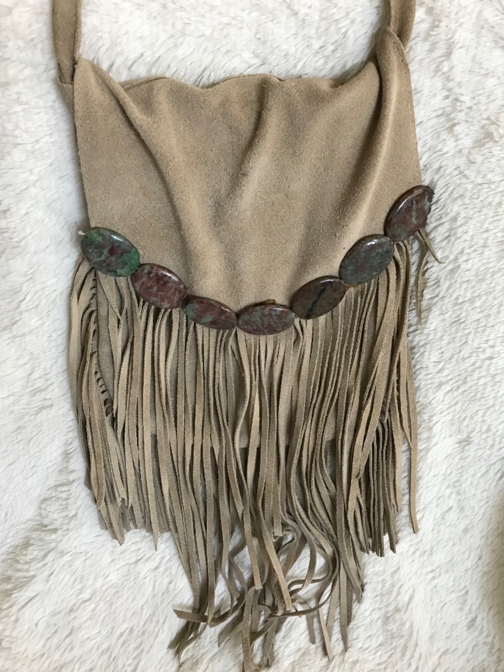 BOHO FESTIVAL SUEDE FRINGE CROSSBODY W GREEN GARNET STONES HANDMADE ORIGINAL